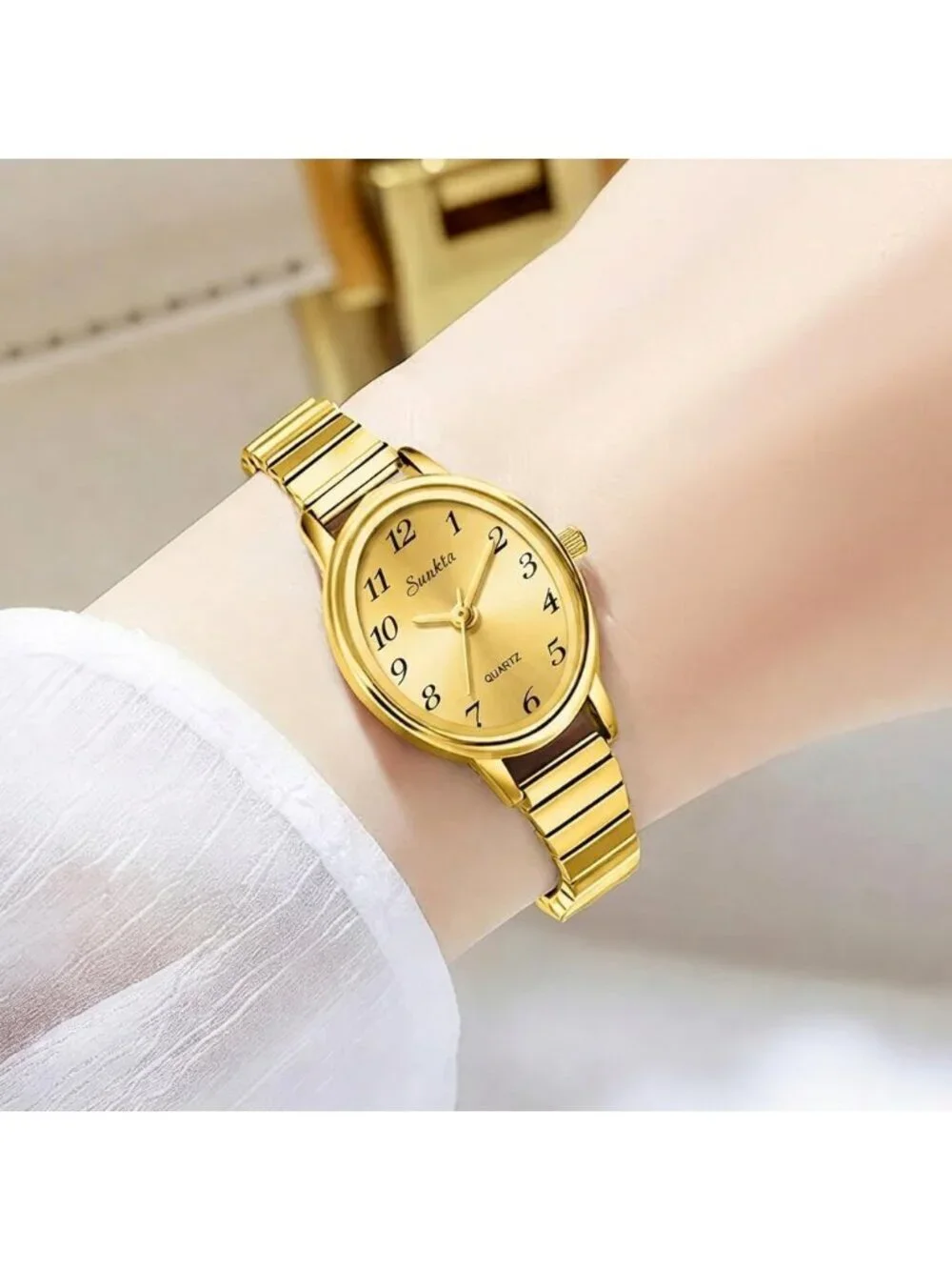 Women's All Gold Easy Read Oval Dial Analog Stainless Steel Bracelet Wrist Watch